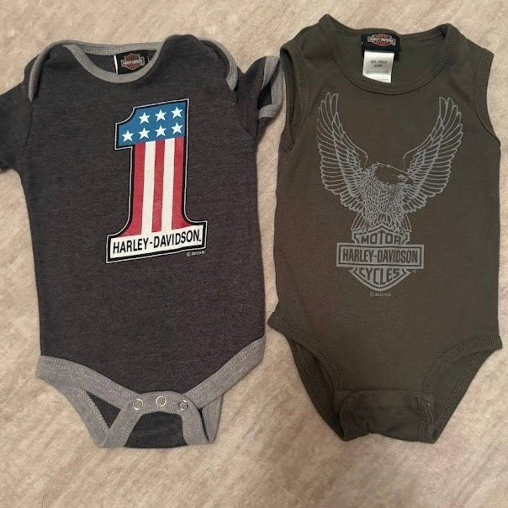 Harley-Davidson Baby Bodysuit Set 6-9M Grey #1 Stars & Stripes Olive Eagle Logo